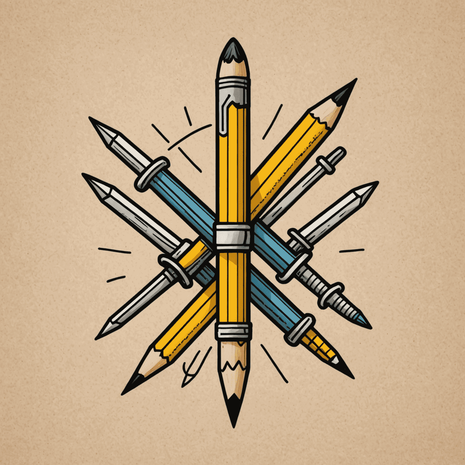 foragerinteger logo - A playful, hand-drawn logo featuring a pencil and paintbrush crossed like swords