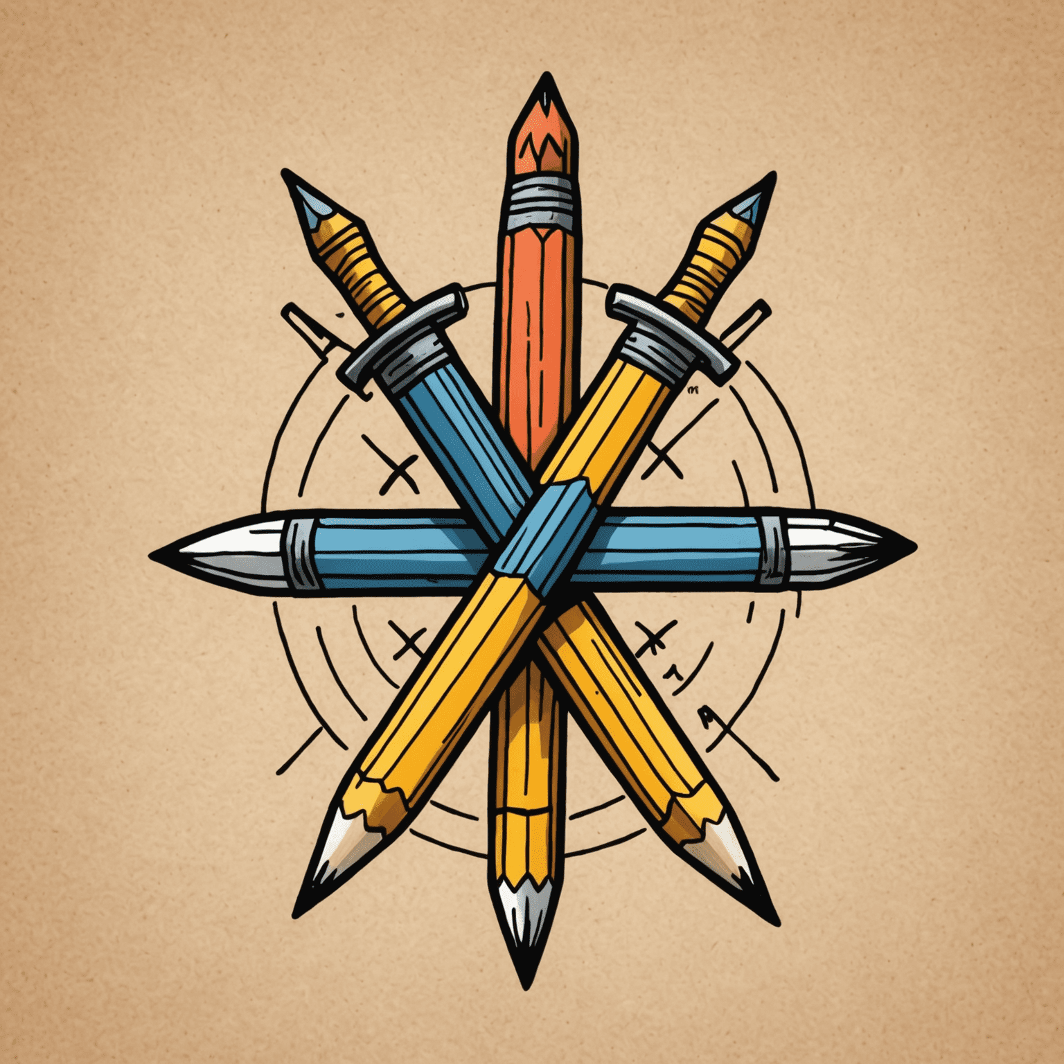 foragerinteger logo - A playful, hand-drawn logo featuring a pencil and paintbrush crossed like swords