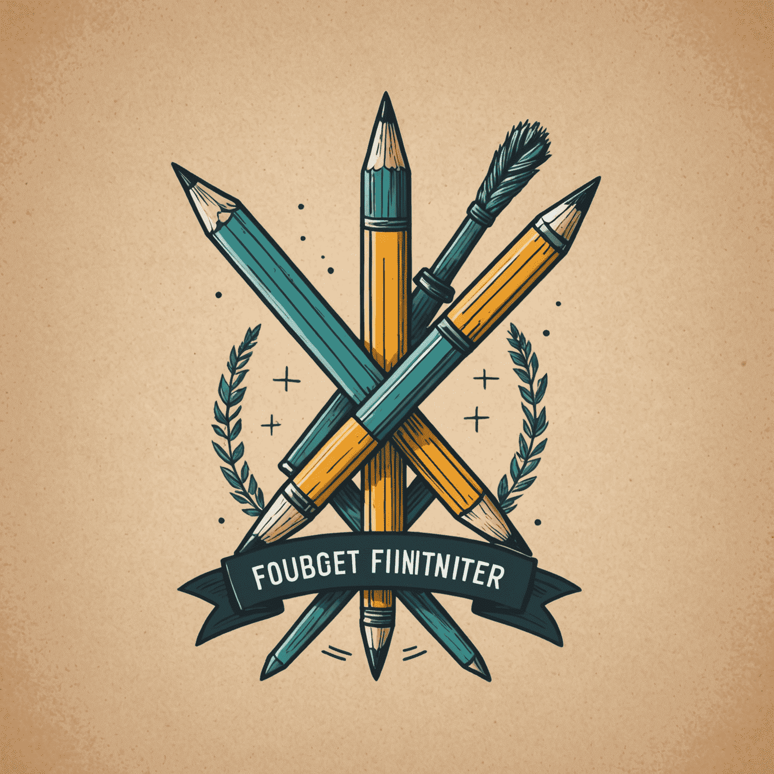 foragerinteger logo - A playful, hand-drawn logo featuring a pencil and paintbrush crossed like swords