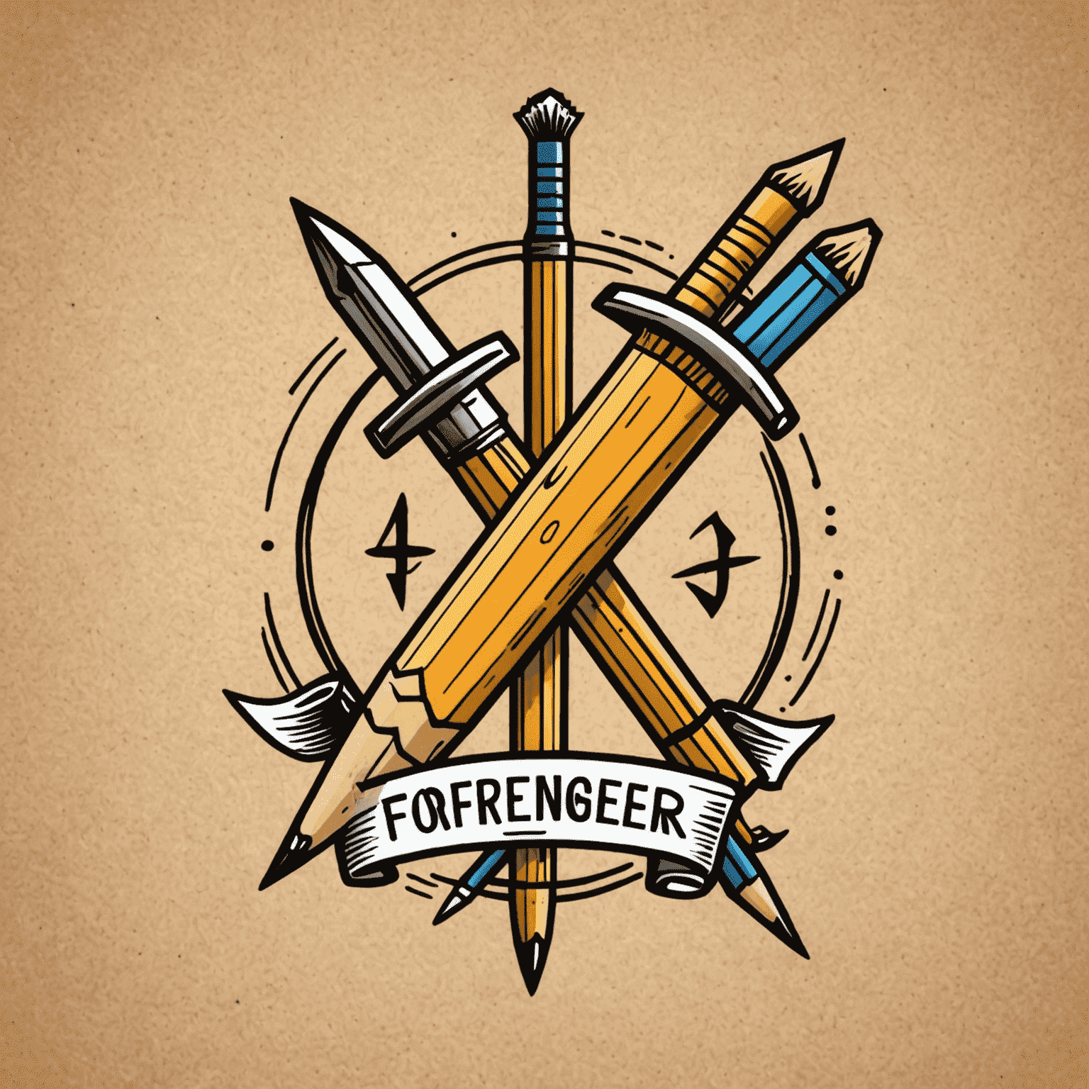 foragerinteger logo - A playful, hand-drawn logo featuring a pencil and paintbrush crossed like swords