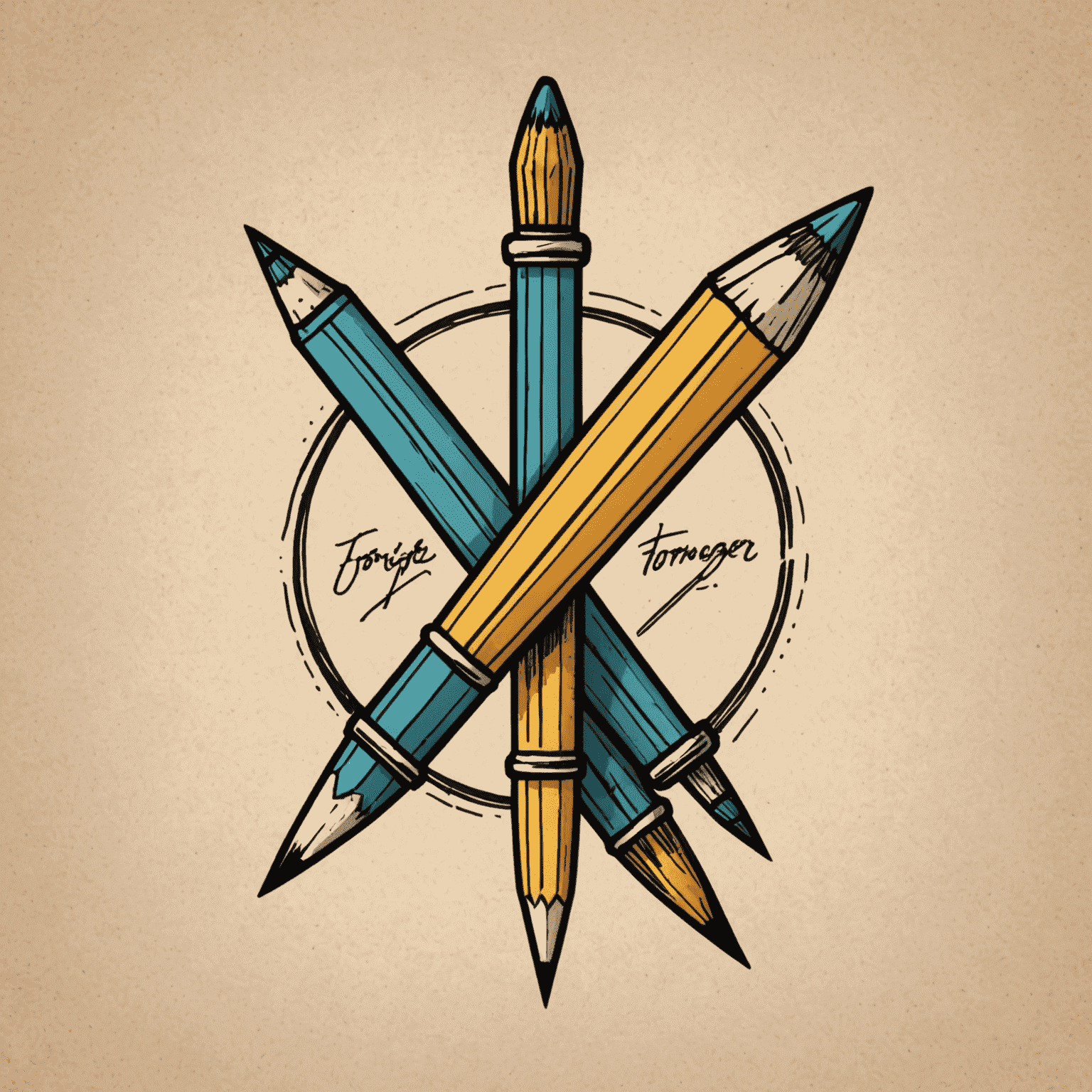 foragerinteger logo - A playful, hand-drawn logo featuring a pencil and paintbrush crossed like swords