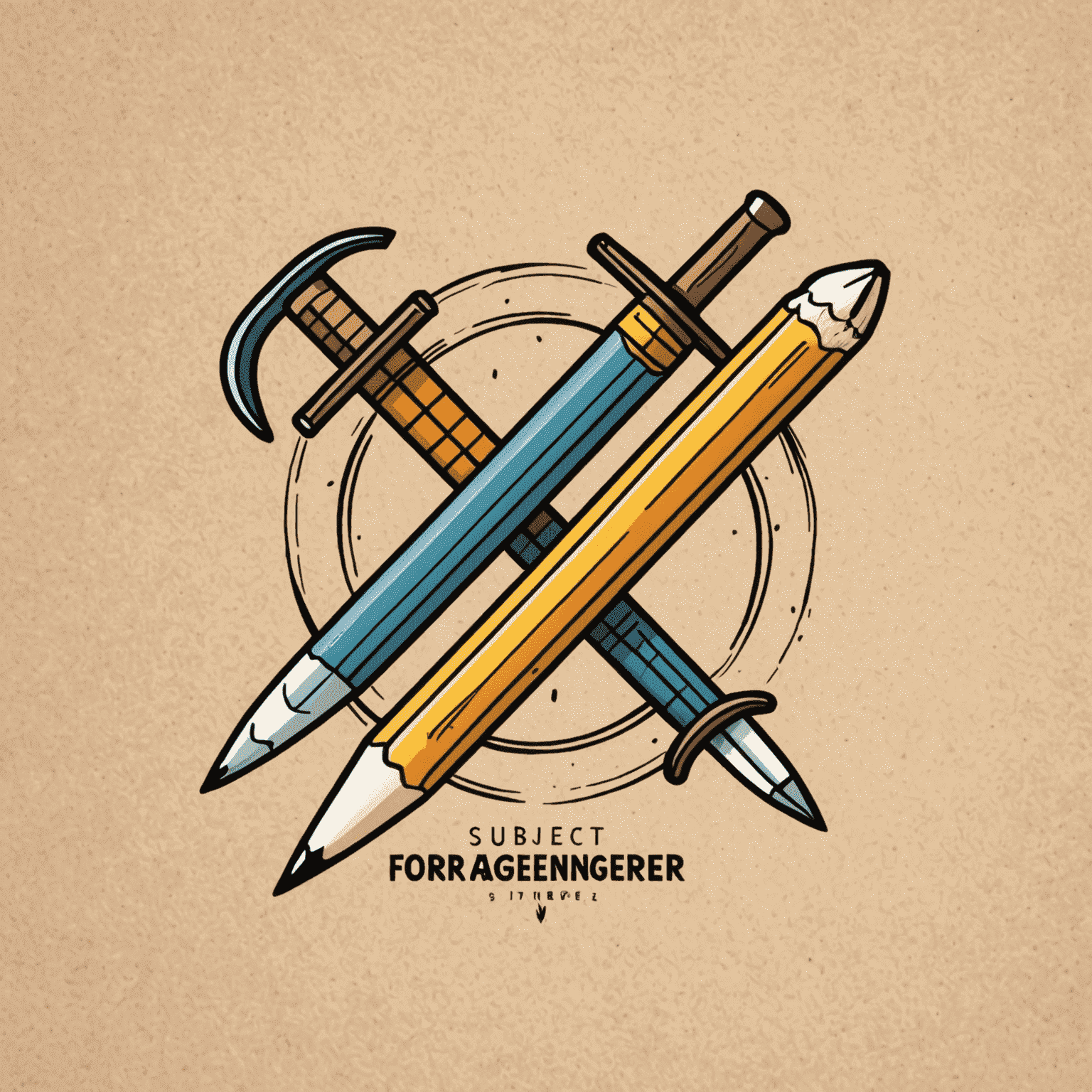 foragerinteger logo - A playful, hand-drawn logo featuring a pencil and paintbrush crossed like swords