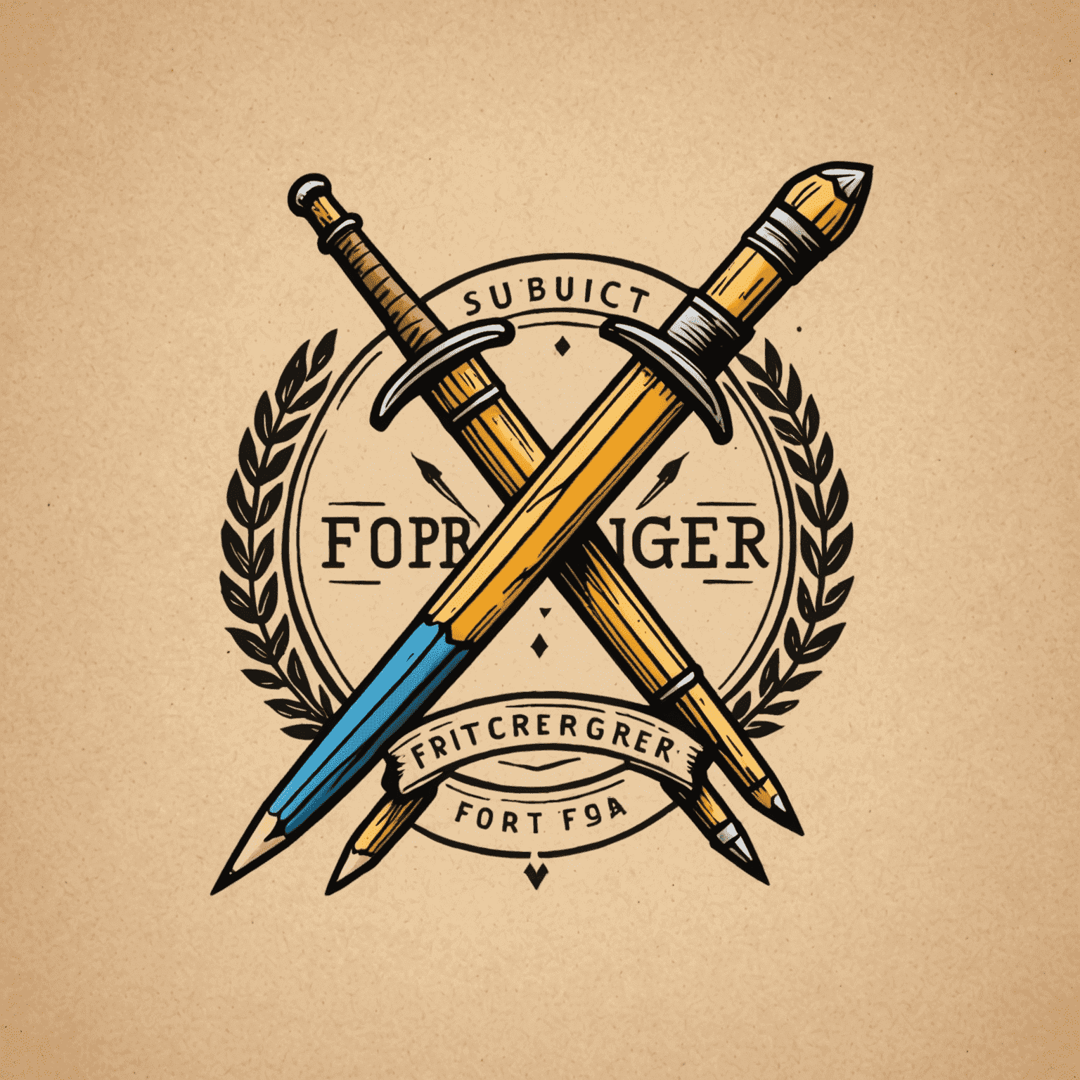 foragerinteger logo - A playful, hand-drawn logo featuring a pencil and paintbrush crossed like swords