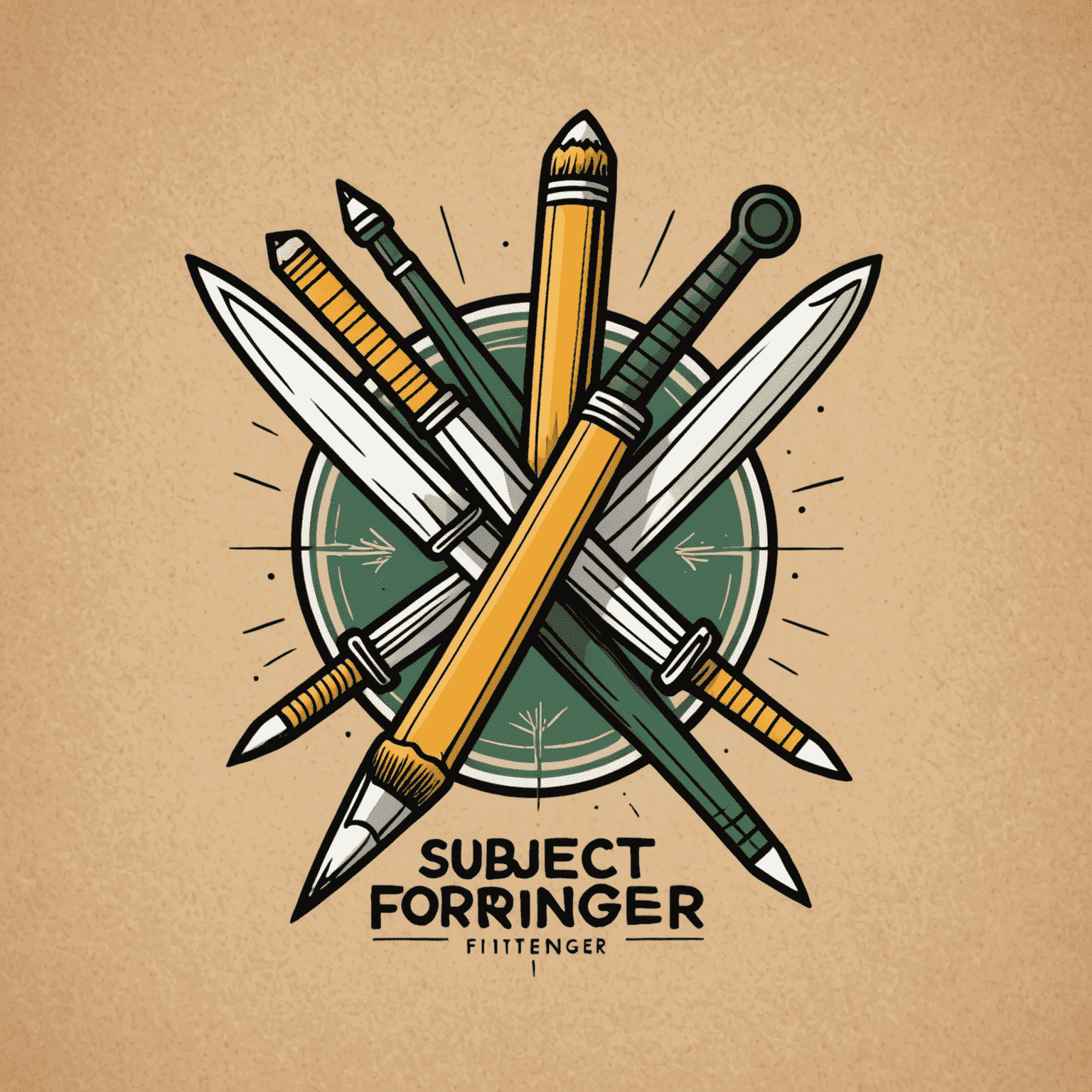 foragerinteger logo - A playful, hand-drawn logo featuring a pencil and paintbrush crossed like swords