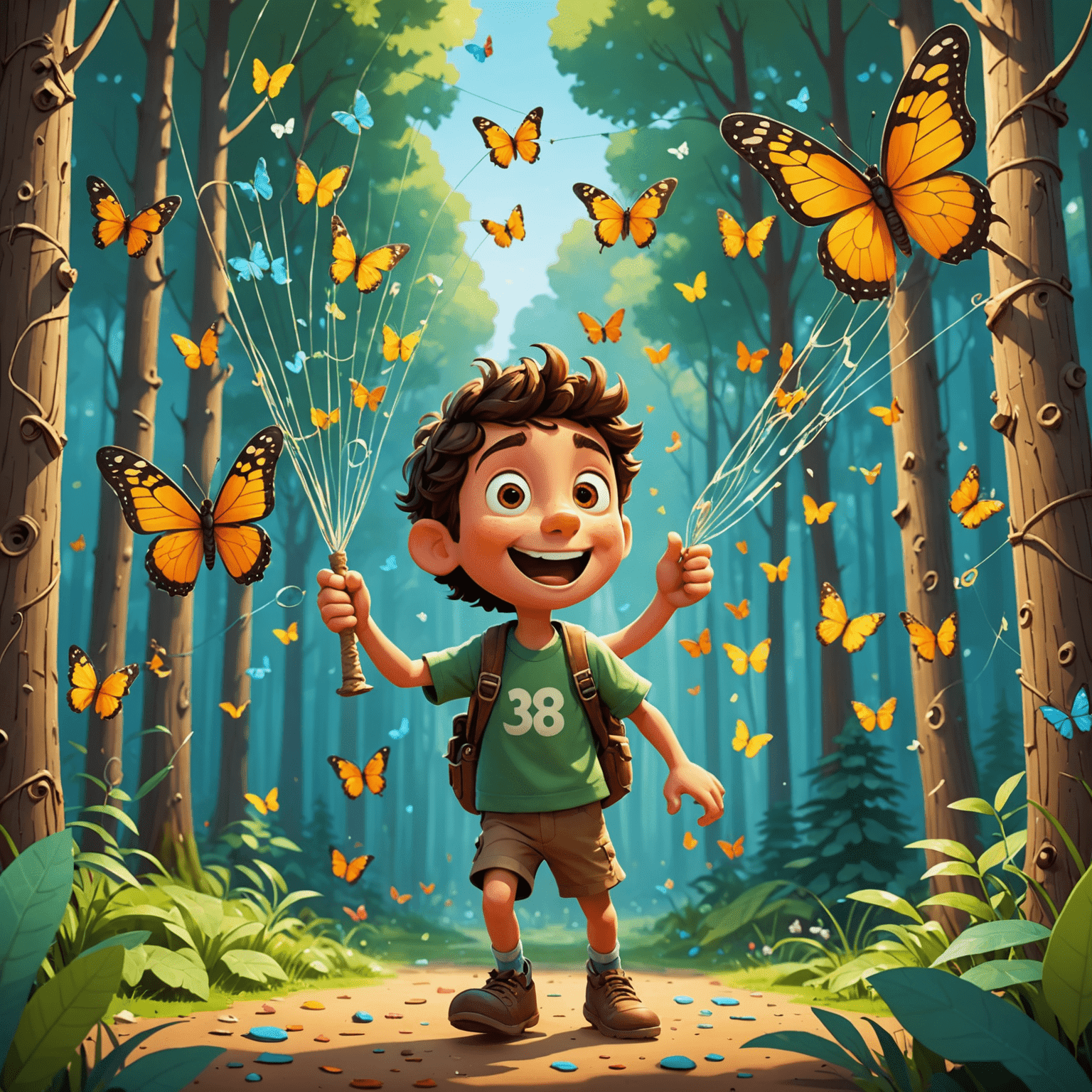 A cartoon illustration of numbers floating in a forest, with a character using a butterfly net to catch them. The character has an exaggerated expression of excitement.