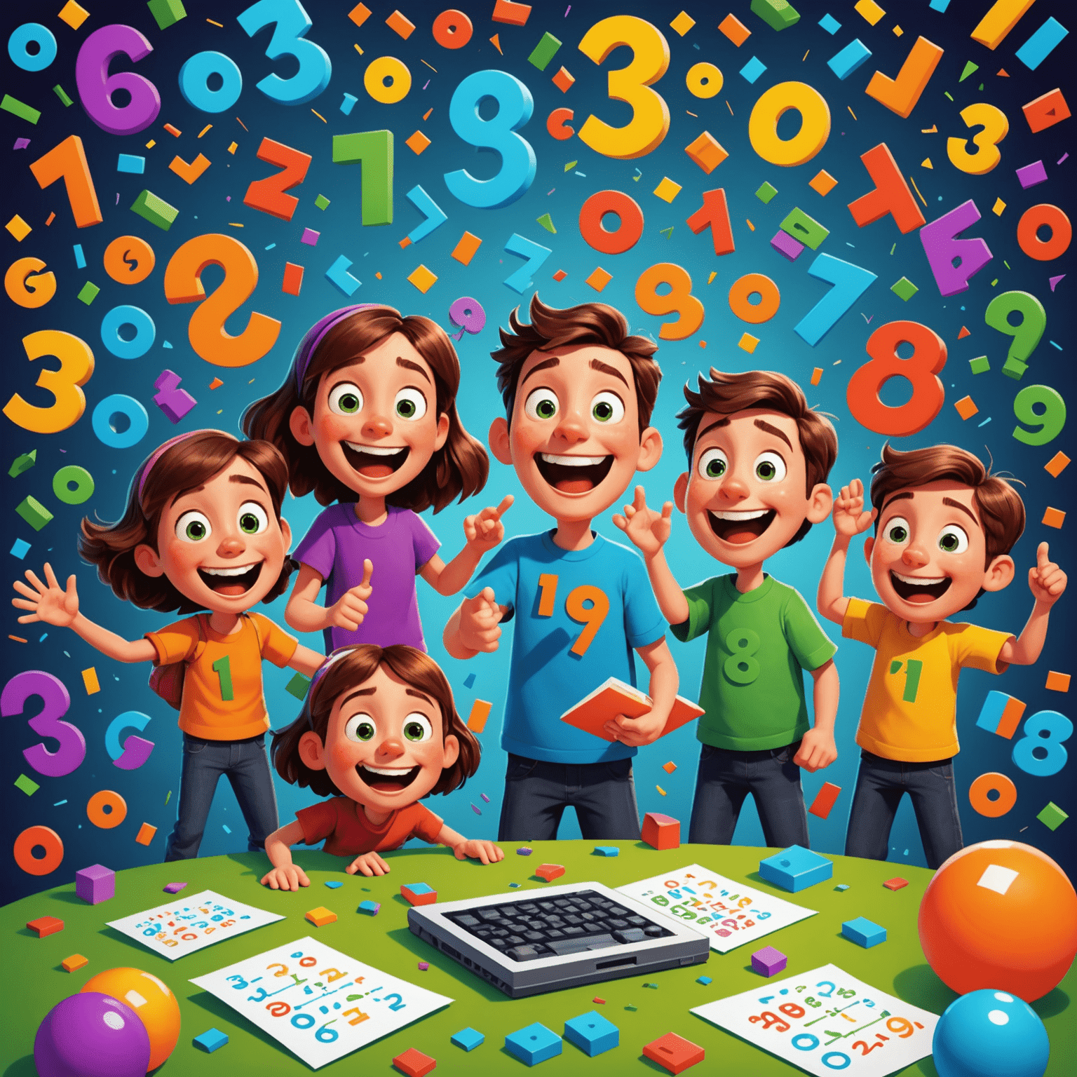 A cartoon illustration of excited mathematicians discovering a new integer foraging technique. The scene shows characters with exaggerated expressions of joy, surrounded by floating numbers and mathematical symbols in vibrant colors.