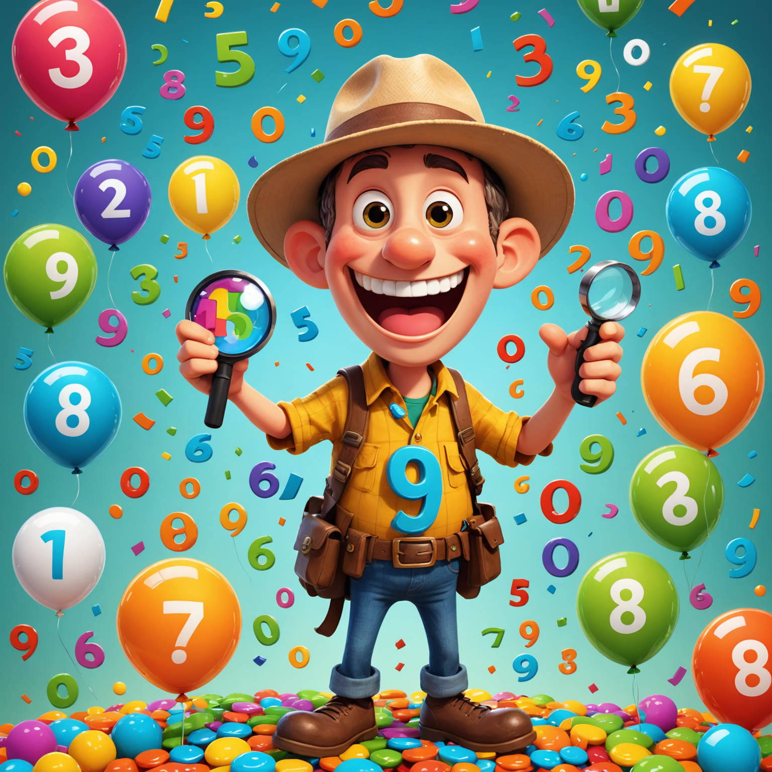 A cartoon-style illustration of a cheerful integer forager character holding a magnifying glass, surrounded by floating numbers in various bright colors. The character wears a safari hat and has an exaggerated excited expression.