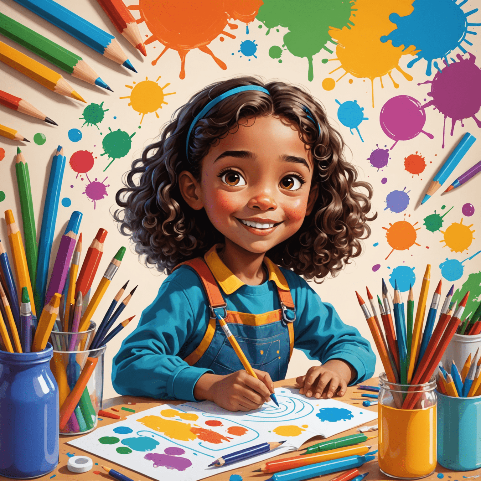 Cartoon characters joyfully drawing and painting, surrounded by colorful art supplies and floating sketches