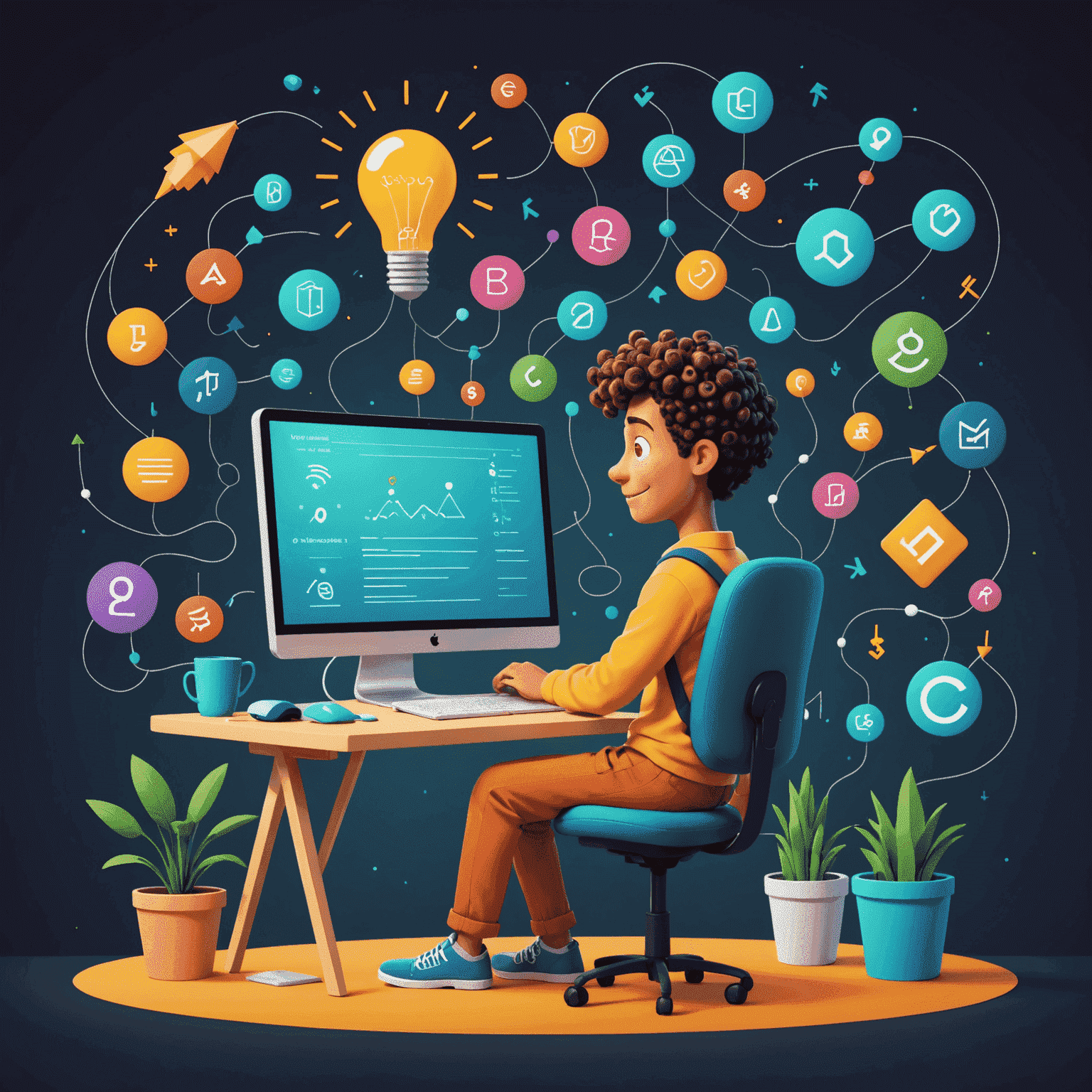 A whimsical illustration showing a cartoon character sitting at a computer, surrounded by floating JavaScript symbols like curly braces, arrows, and function keywords. The character has a lightbulb moment, with code transforming into a colorful, interactive webpage on the screen.