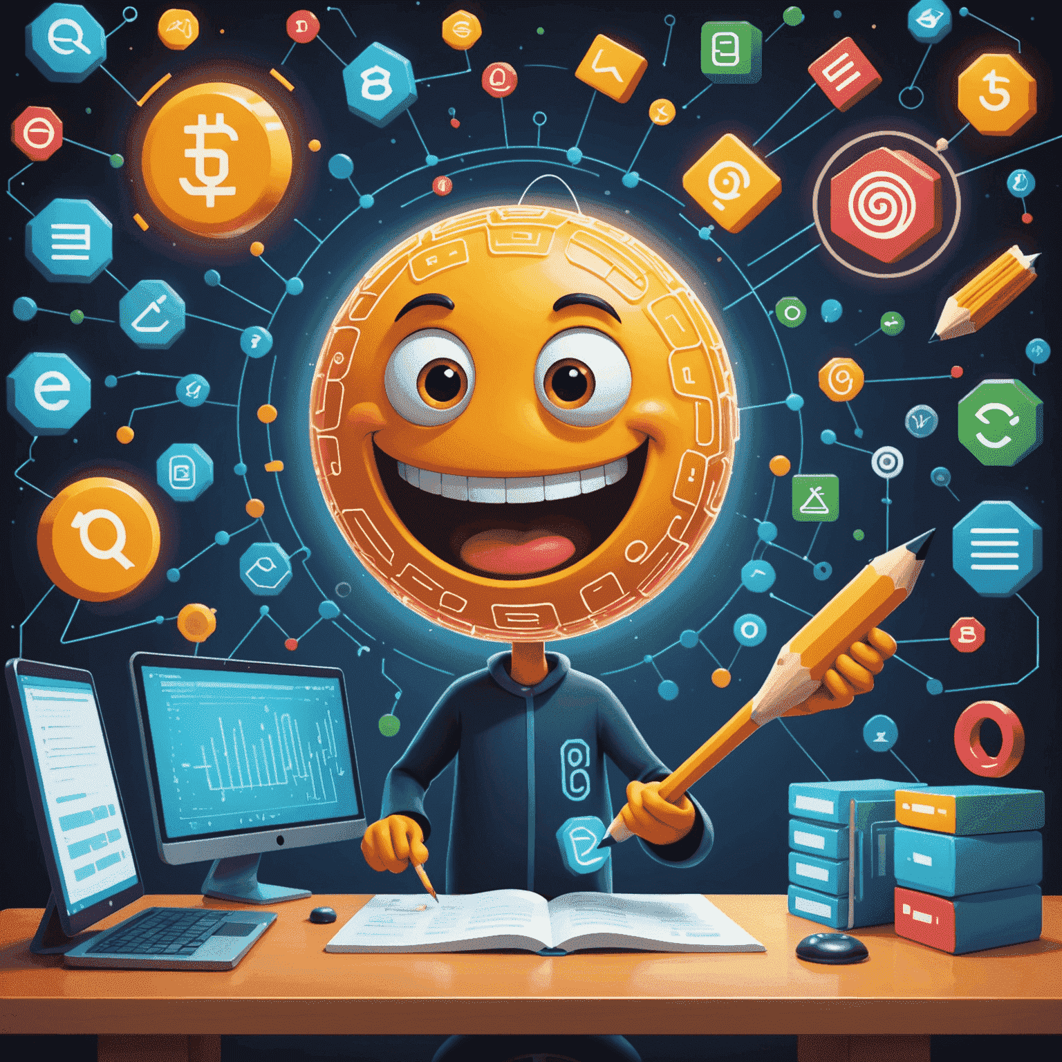 A colorful, cartoon-style illustration showing a smiling character interacting with oversized database symbols like tables, rows, and SQL commands. The character is using a giant pencil to 'draw' data into a floating, glowing database structure.