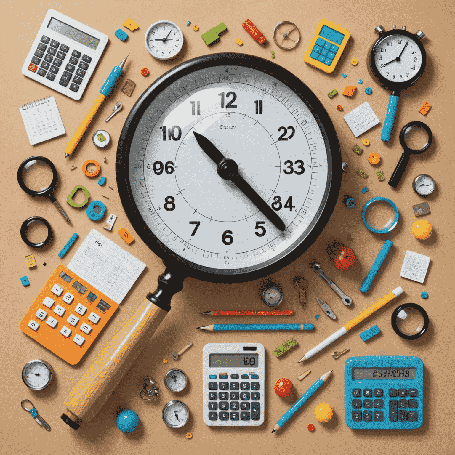 A playful collage of cartoon-style integer foraging tools, including an oversized magnifying glass, a number-catching net, and a comically large calculator.