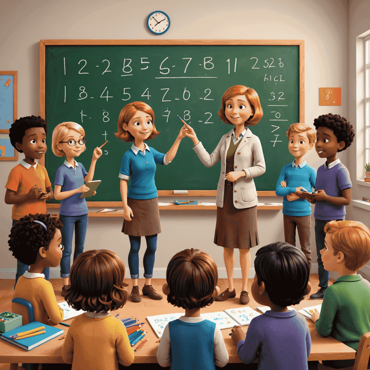 A whimsical illustration showing Penny Numbersmith teaching a group of diverse, cartoon-style beginners. They're all gathered around a giant chalkboard filled with colorful numbers and simple mathematical equations. Penny is pointing at the board with an oversized, comical pointer stick.