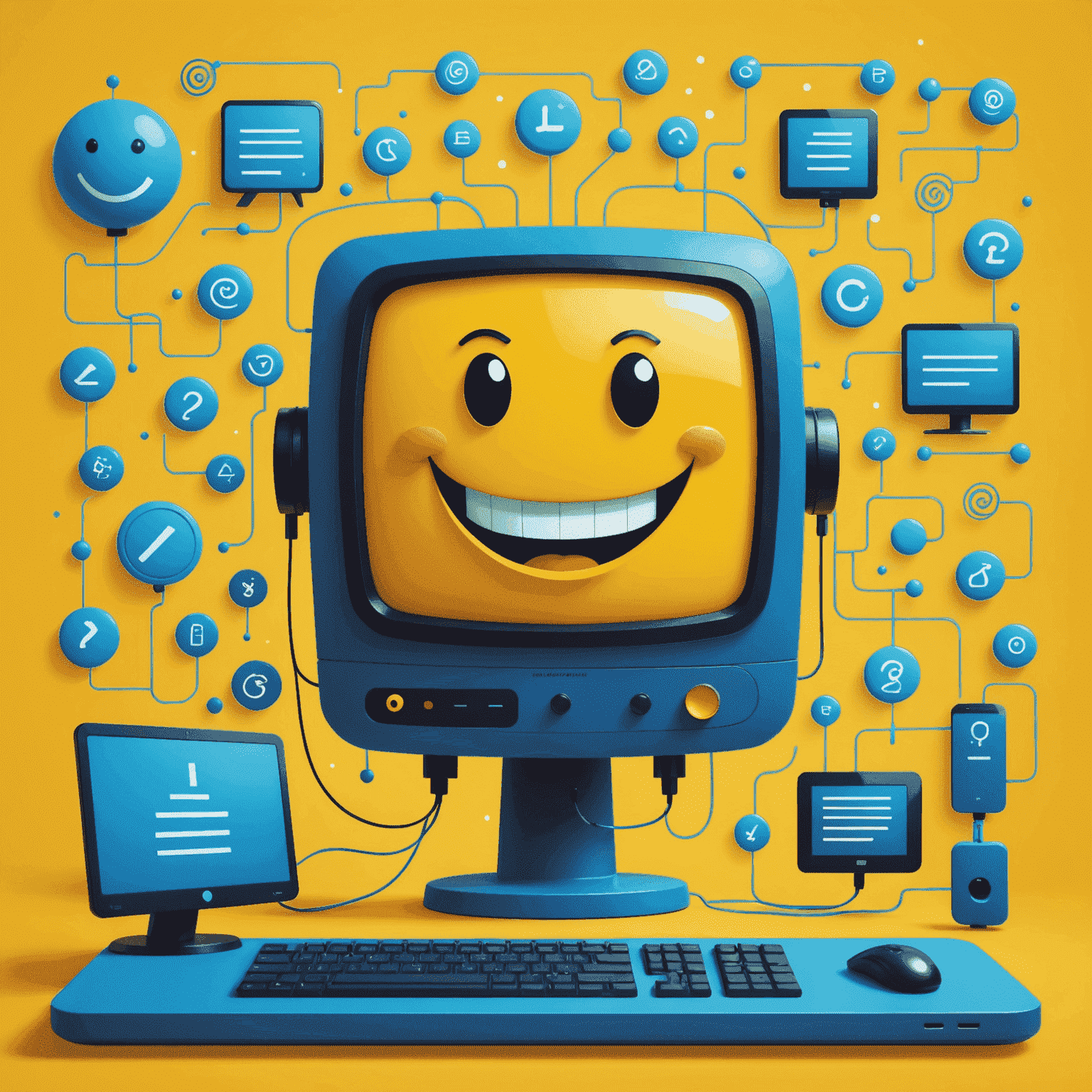 Cartoon illustration of a computer with smiling face, surrounded by floating symbols representing variables, data types, and control structures. Bright yellow background with blue accents.