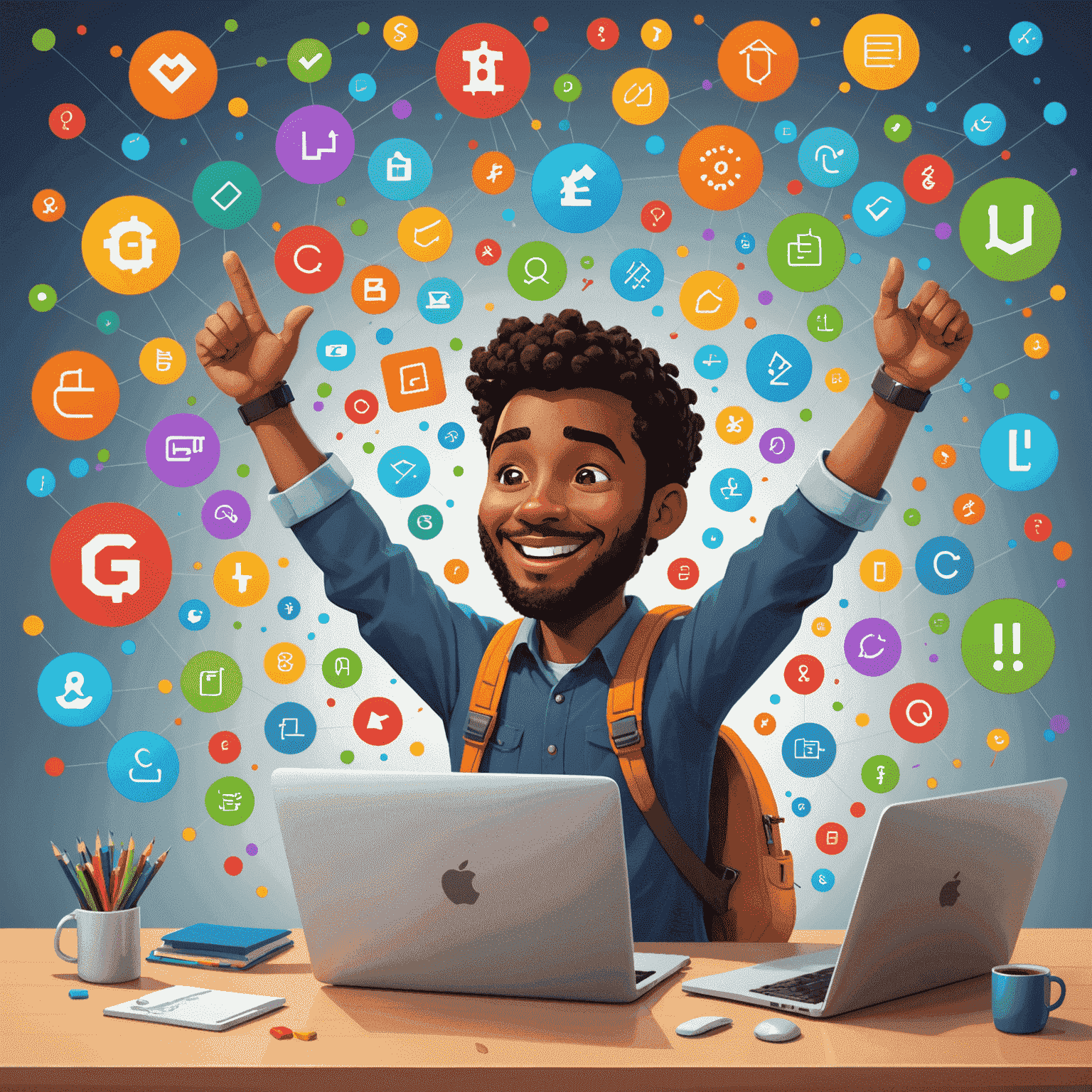 Cartoon of a happy developer celebrating after successfully using Git, surrounded by colorful code snippets and version control symbols