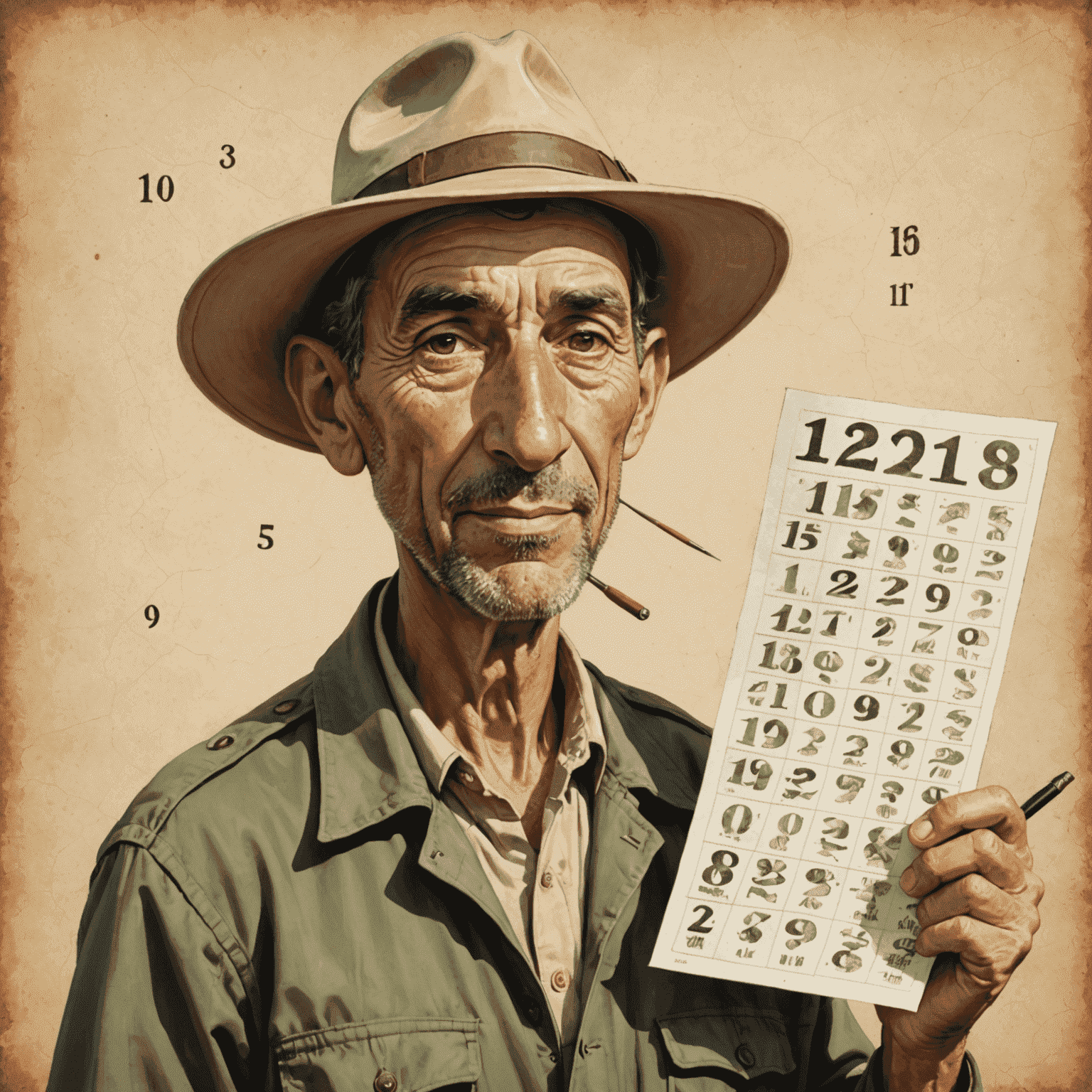 A cartoon portrait of a professional integer forager with exaggerated features, wearing a safari hat covered in numbers and holding a 'number map'.