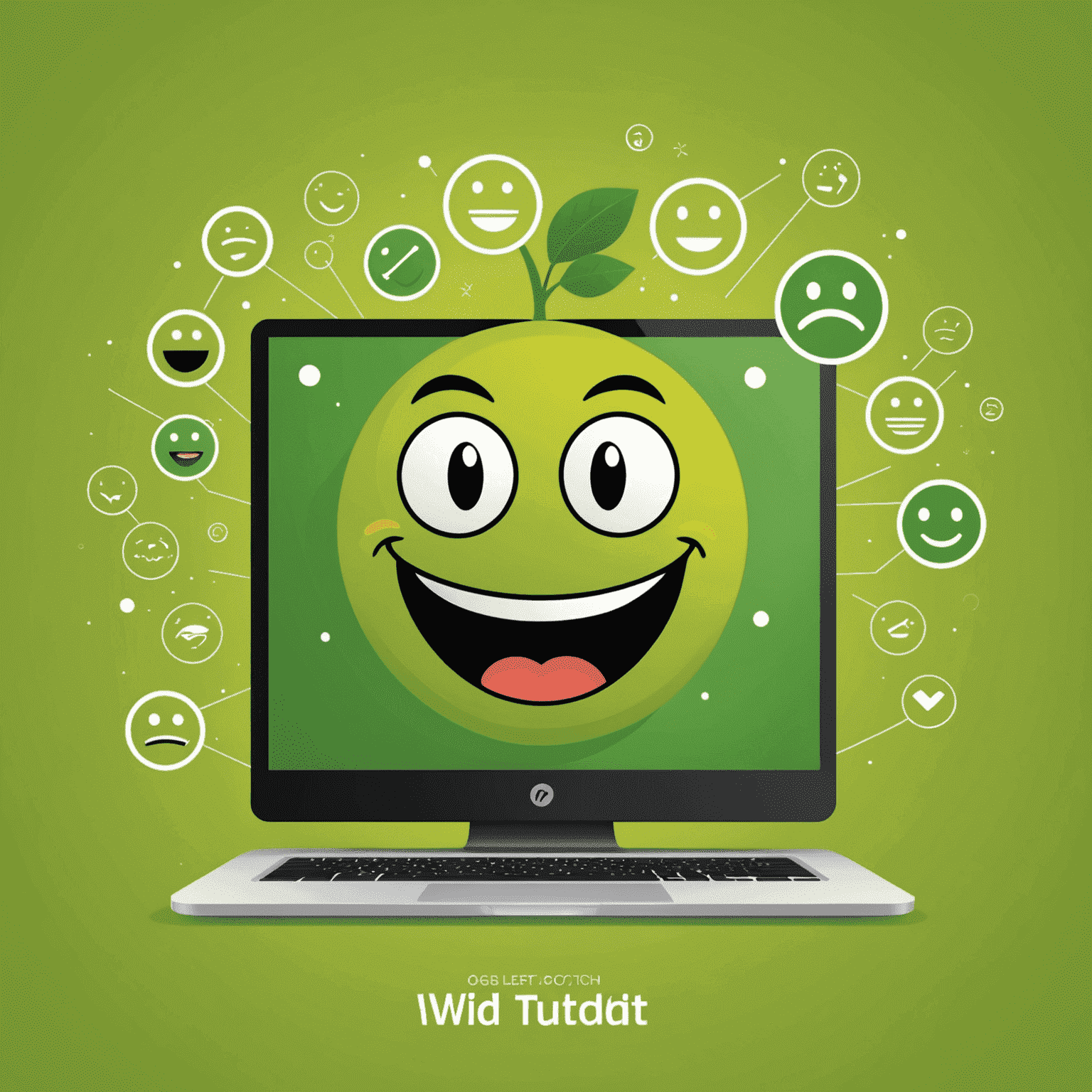 Cartoon web page with HTML tags and CSS styles floating around it. The page has a smiley face and is giving a thumbs up. Lime green background.