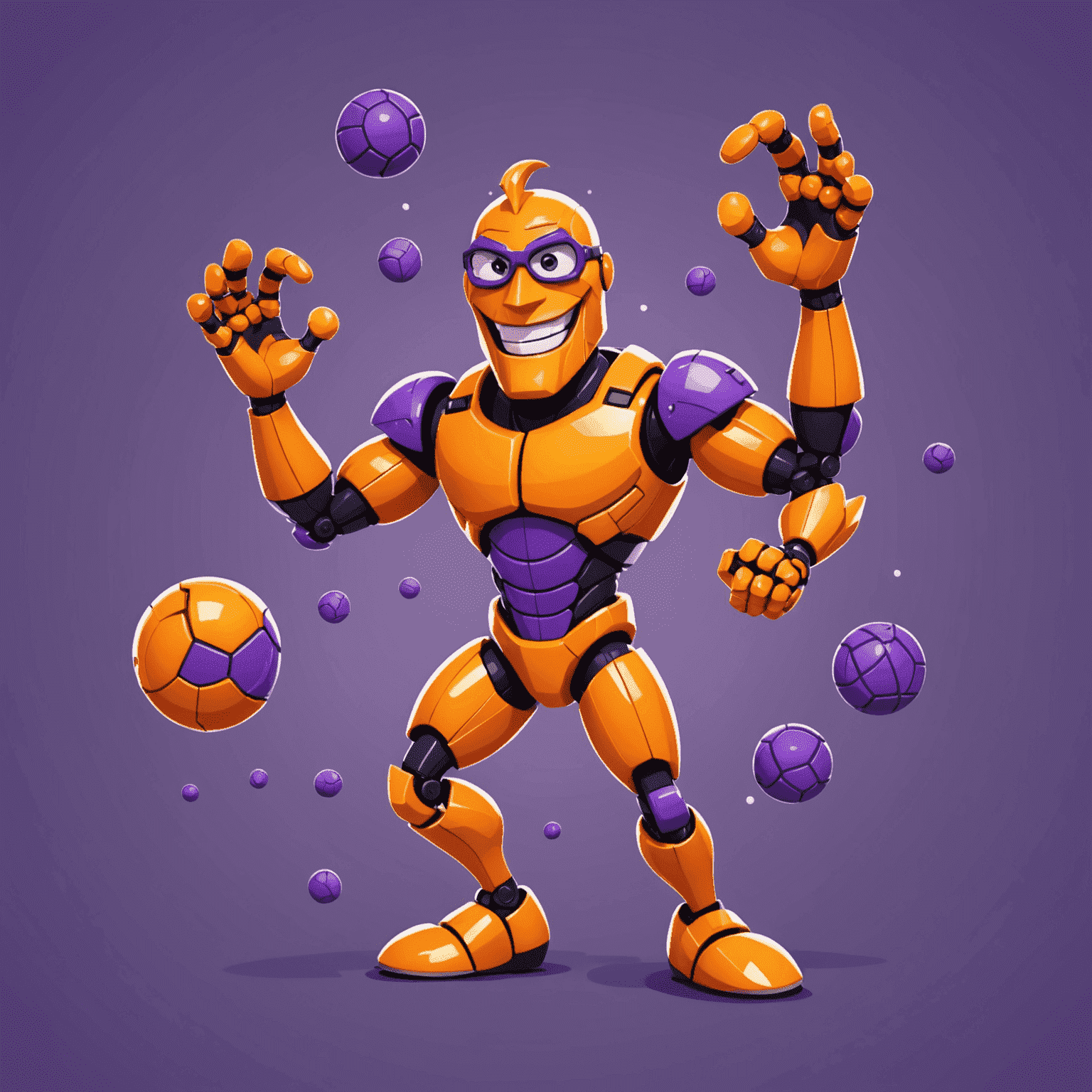 Cartoon JavaScript logo with arms and legs, juggling functions, arrays, and DOM elements. Tangerine orange background with purple accents.