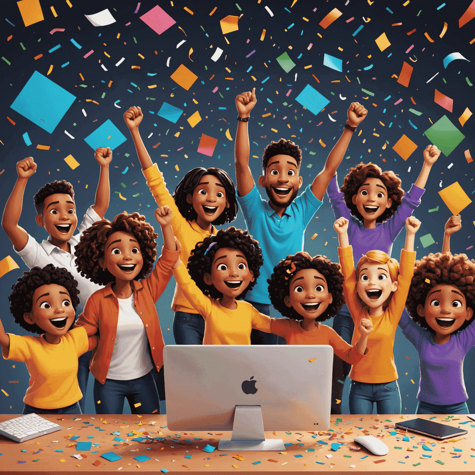 A celebratory illustration showing a diverse group of cartoon characters cheering and throwing confetti around a computer screen displaying a vibrant webpage