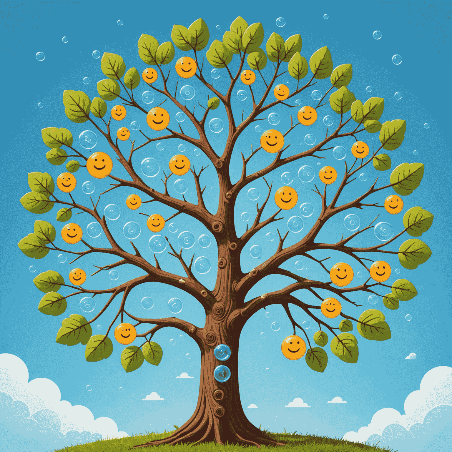 Cartoon tree with branches representing Git branches, with smiling commit bubbles and merge arrows. Light sky blue background.