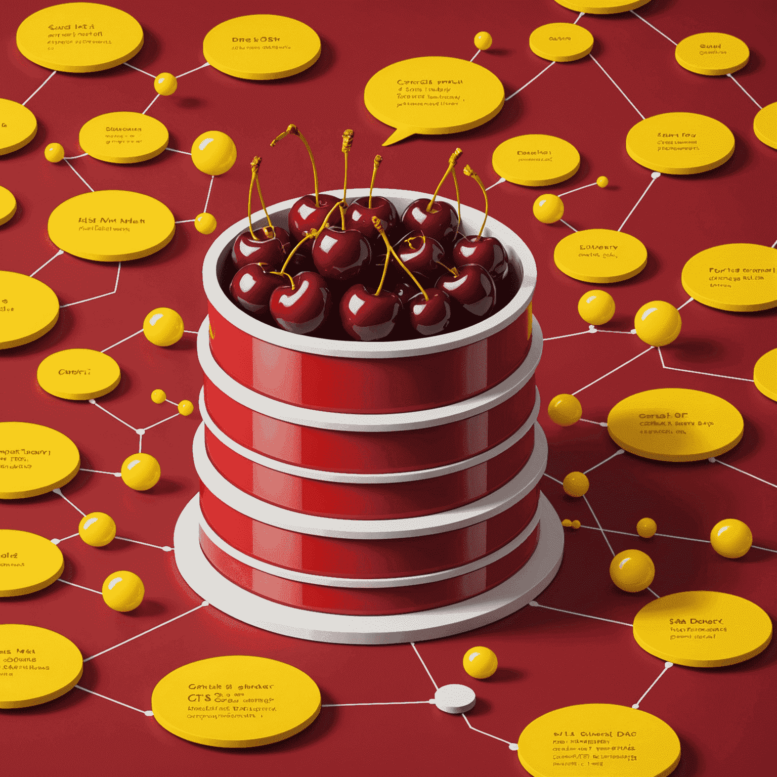 Cartoon database with tables and rows, surrounded by SQL query bubbles. Cherry red background with yellow highlights.